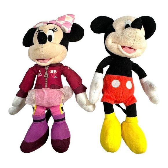 Disney World Mickey & Minnie Mouse Racecar Driver Suit Lot of 2 Plush Dolls 10” - Picture 1 of 5
